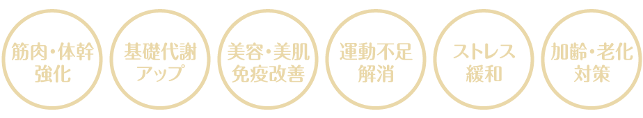 筋肉・体幹強化｜基礎代謝アップ｜美容・美肌・免疫改善｜運動不足解消｜ストレス緩和｜加齢・老化対策