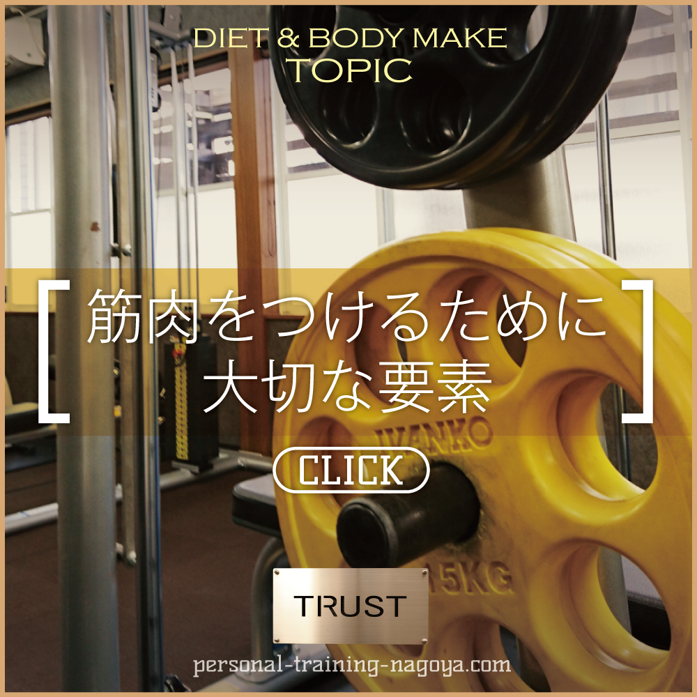 筋肉をつけるために大切な要素_PERSONAL-TRAINING-NAGOYA.COM【TRUST 池山ひろき】パーソナルトレーニングジム・名古屋・中村区｜ボディメイク・ダイエット・フィットネス｜筋トレ・ストレッチ・体幹強化｜健康・美容｜基礎代謝・加齢対策