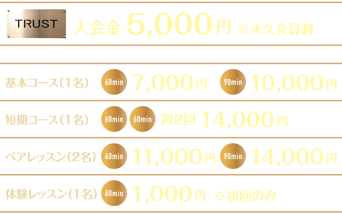 入会金／レッスン料金【TRUST 池山ひろき】パーソナルトレーニングジム・名古屋・中村区｜ボディメイク・ダイエット・フィットネス｜筋トレ・ストレッチ・体幹強化｜健康・美容｜基礎代謝・加齢対策｜男女・中高年向けメニューあり